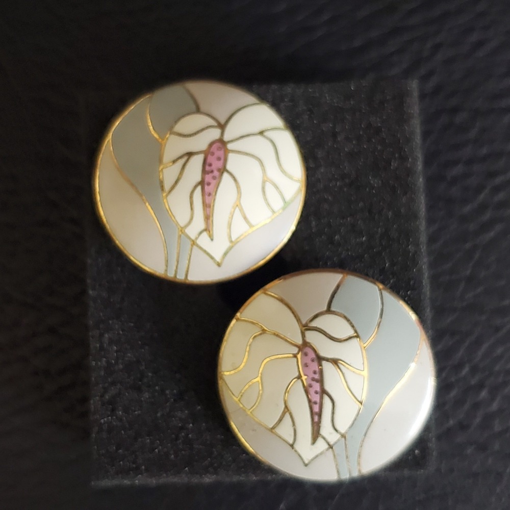 Vintage LAUREL BURCH Signed "Antherium" Pierced EARRINGS Gold Tone & Enamel Post